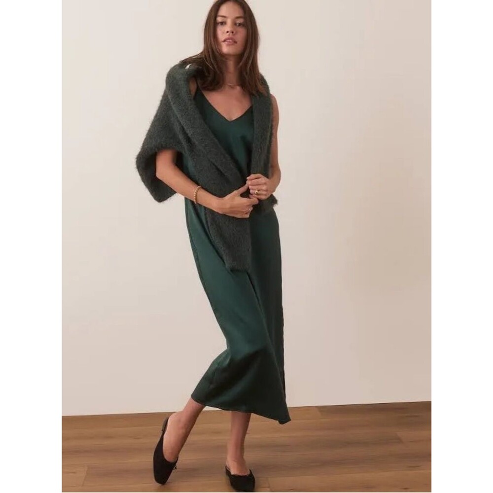 Marine Layer Dark Green Evergreen Satin Slip Midi Dress M